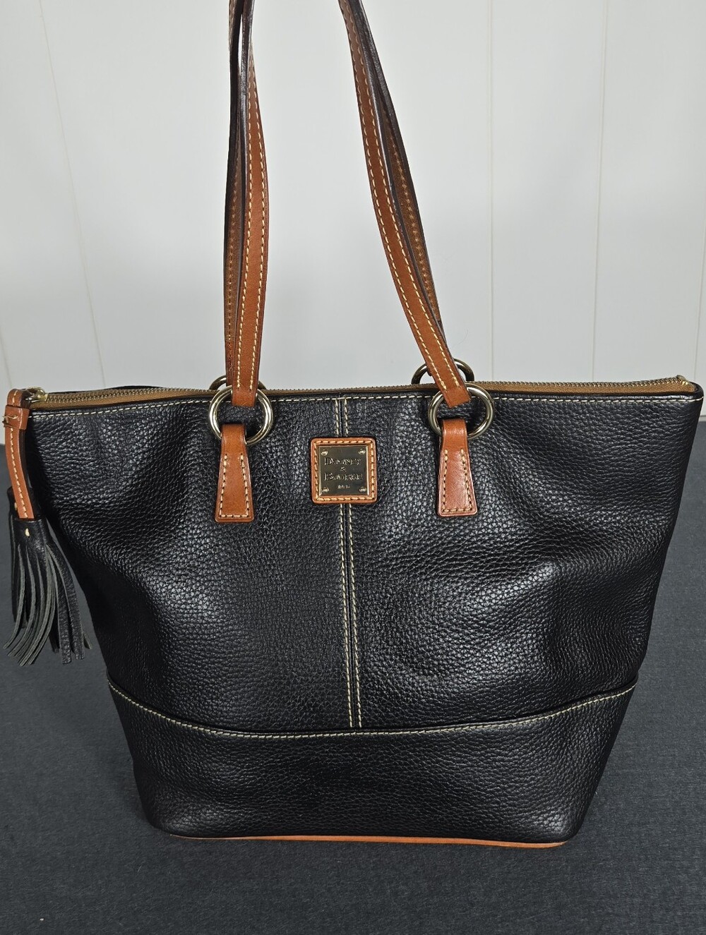 Dooney & Bourke Black Pebbled Leather Tote with Brown Trim Travel Work Bag Purse